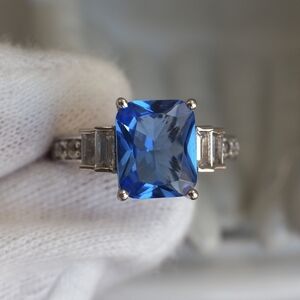 925 Sterling Silver Blue Gemstone Ring Baguette Accent 6 Bradford Exchange BGE